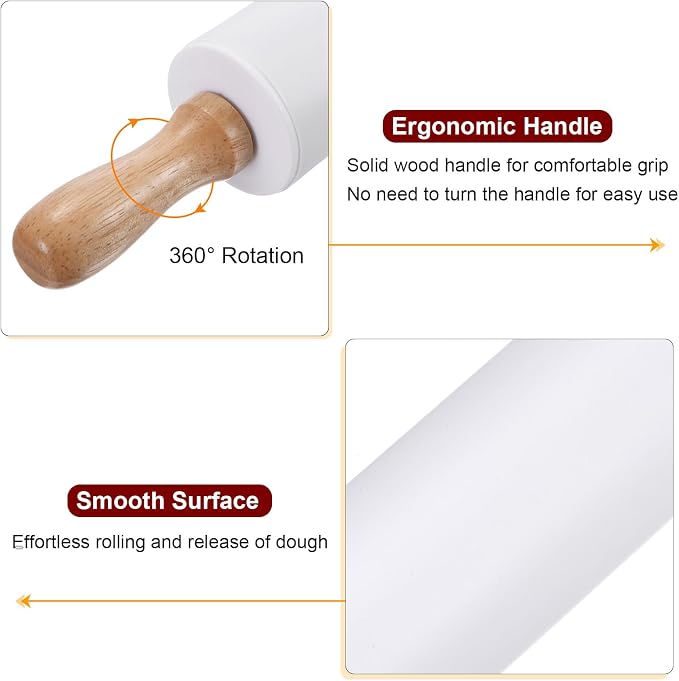 HARFINGTON 2pcs Silicone Rolling Pins for Baking 9.25 Inch Non-Stick Silicone Surface Wooden Handle Rolling Pin Small Roller Playdough Rolling Pins for Fondant Kitchen Dough Pizza, White