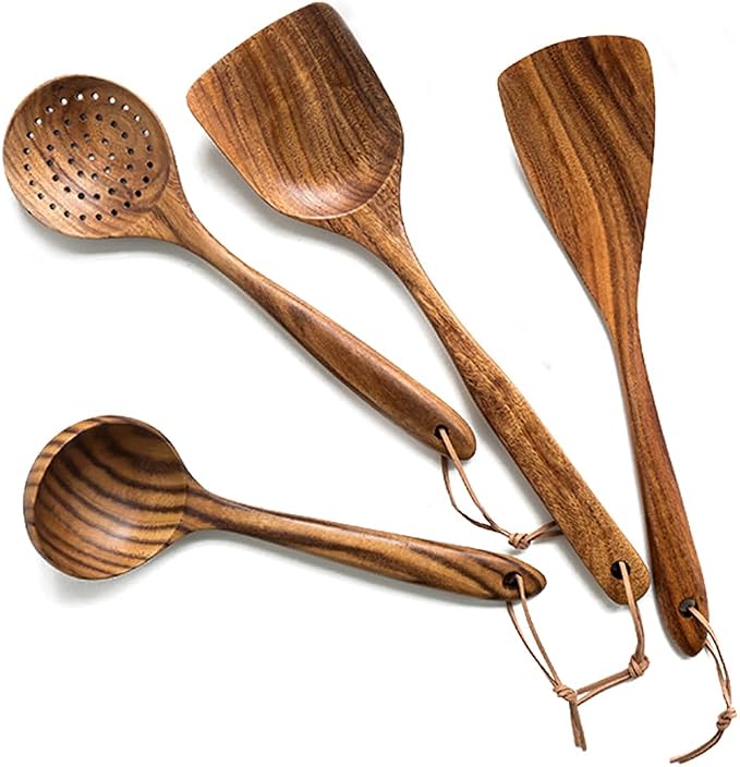 Wooden Spoons for Cooking,4 Pcs Natural Teak Wooden Utensil Set for Cooking,Premium Nonstick Kitchen Utensils, Durable Eco-Friendly Wooden Cooking Tools