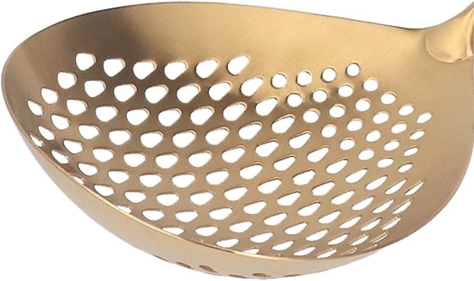 Strainer Skimmer Ladle, 304 Stainless Steel Skimmer Slotted Spoon with Long Handle, Hanging Holes, 15.7x5.7in Food Grade Filter Spoon for Cooking, Draining, Frying, Skimming (Gold)