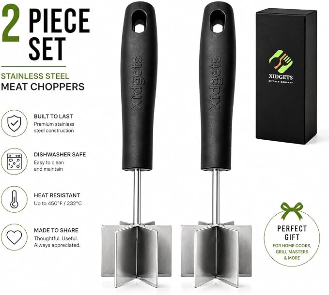 2pc Large Stainless Steel Meat Chopper, Masher & Cocktail Muddler | Dishwasher Safe | 6-Blade Chopper Tool | Oversized Ergonomic Handle | Heat Resistant Grip | 2 x 10" black