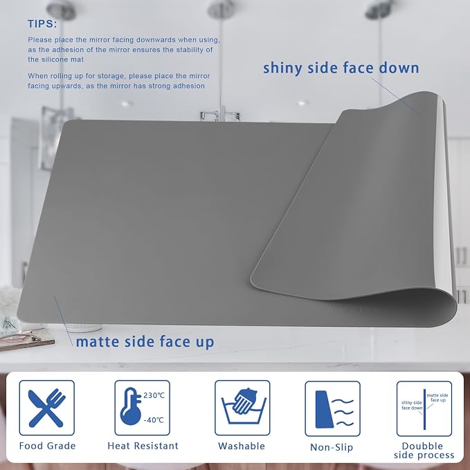 Food-Grade Silicone mat，2MM Extra Thick Silicone Mats for Kitchen Counter, 25.6" x17.7" Non-Slip Waterproof Large Countertop Protector Mat, Heat Resistant Mat, Silicone Placemat (Grey)