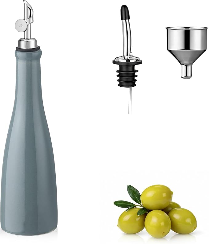 YOLIFE Olive Oil Dispenser Bottle, 15oz Ceramic Oil Dispenser for Kitchen | Oil Bottle with Gravity Spout, Leak Proof EVOO Dispensing Bottle with 2 Spouts and 1 Funnel for Vinegar, Juice(Gray)