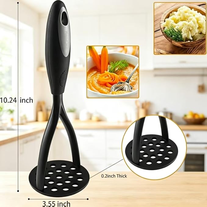 KSENDALO Potato Masher - Non-Scratch Food Masher Kitchen Tool with Thick Nylon Blade, Manual Mashing for Vegetables/Beans, Home Kitchen Essential, Black