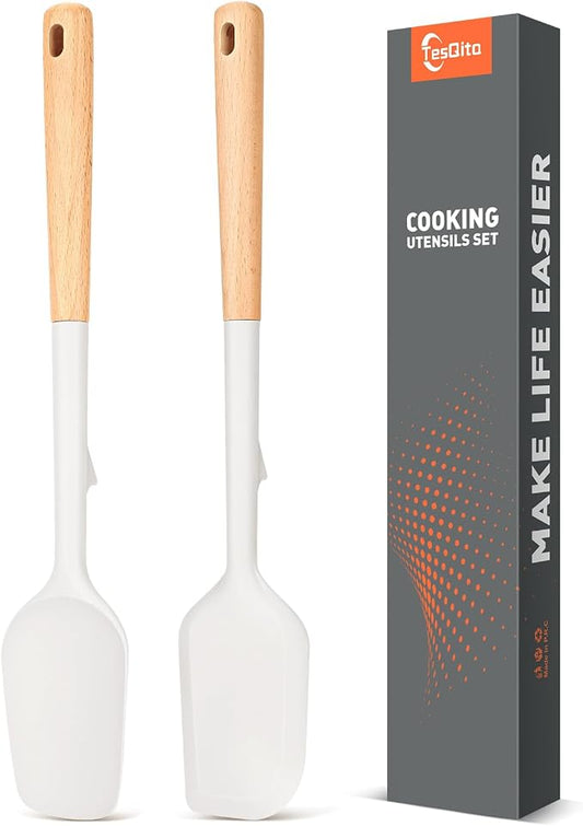 Large Silicone Rubber Spatula Scrapers 14" with Long Wood Handle, Heat Resistant, Essential Baking Tools for Mixing, Stirring, Scraping, Spreading for Nonstick Cookwares, Pack of 2 (White)