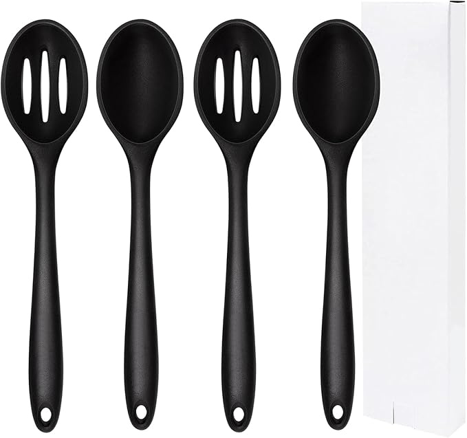 Silicone Cooking Spoon, Nonstick Kitchen Spoons Set for Cooking,Slotted and Solid Serving Spoon Heat Resistant, Silicone Mixing Basting Stirring Spoons for Nonstick Cookware 4 Pack (Black)