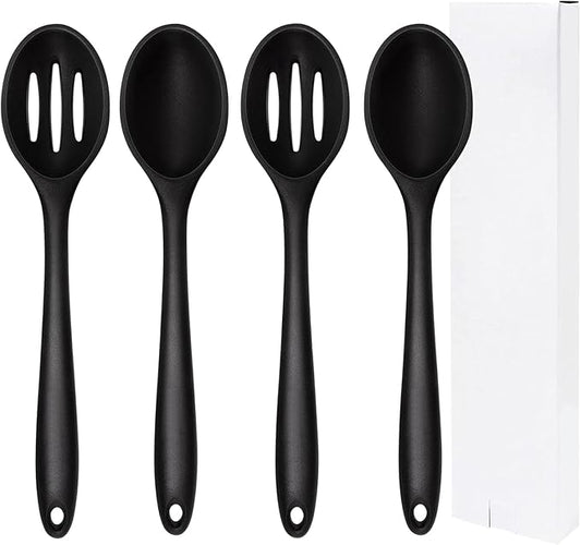 Silicone Cooking Spoon, Nonstick Kitchen Spoons Set for Cooking,Slotted and Solid Serving Spoon Heat Resistant, Silicone Mixing Basting Stirring Spoons for Nonstick Cookware 4 Pack (Black)