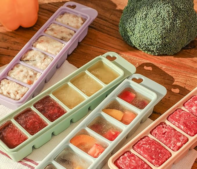 Silicone Heart Cube Freezer Tray Baby Food Storage Cubes with Clip-On Lid Freeze Baby Food Soups Purees Ice Easy and Safe Design Made in Korea (Sand Beige)