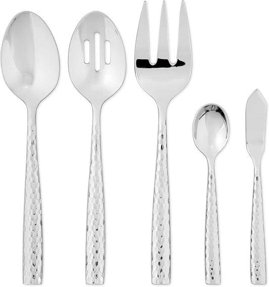 UPware 5-Piece 18/8 Stainless Steel Hostess Serving Set, Include Solid Spoon/Slotted Spoon/Serving Fork/Butter Knife/Sugar Spoon, Mirror Polished, Dishwasher Safe (Martello)