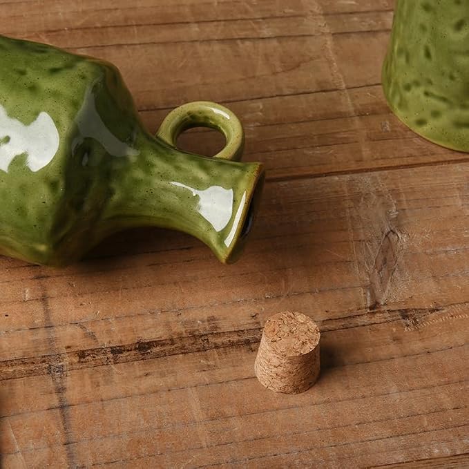 13.5oz Olive Green Ceramic Olive Oil Dispenser with Cork Stopper | , Reactive Glaze Bottle, Leak-Proof Small Spout, Ideal for Kitchen Storage of Vinegar, Wine, Soy Sauce and Lemon Juice