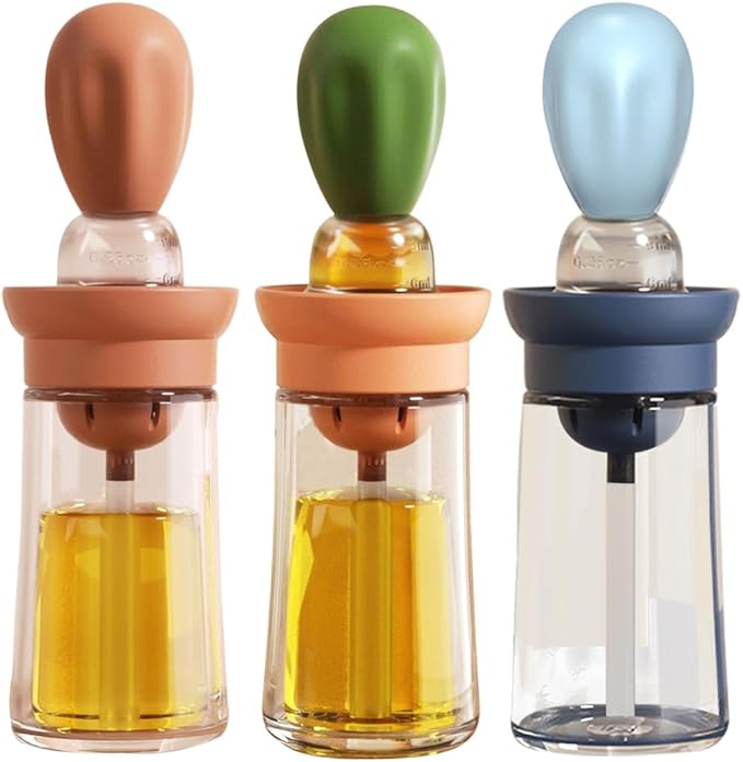 Oil Dispenser with Brush - 3 Pack Glass 2 IN 1 Oil Dispensing Bottle with Basting Brush for Cooking Frying Baking Kitchen, 180ml, T-OB21 Blue+Green+Red