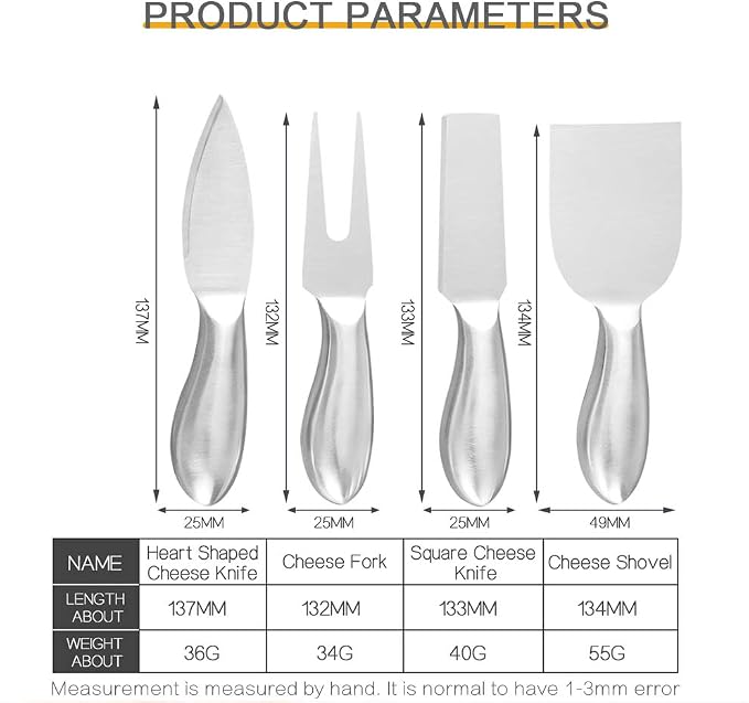 4 Pieces Stainless Steel Cheese Knives Set,Stainless Steel Cheese Knives, Cheese Cutter, Cheese Slicer, Cheese Fork -Silver