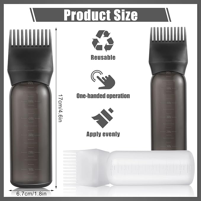 Pimoys 2 Pcs 6Oz Root Comb Hair Dye Oil Applicator Bottles For Scalp | Black White, Plastic Squeeze Bottle Dispenser with Graduated Scale, Comb Tip Applicator For Hair Coloring Oiling Home Salon