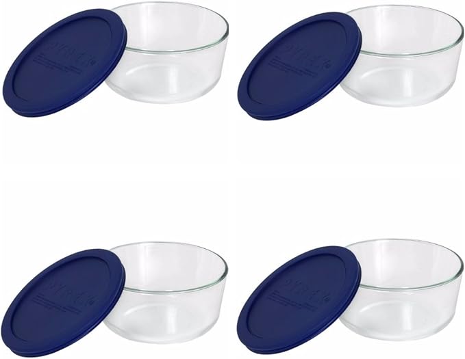 Pyrex Storage 4-Cup Round Dish with Dark Blue Plastic Cover, Clear (Case of 4 Containers) | Non-Porous Surface | BPA-Free Covers | Secure Fit | Refrigerator Safe | Freezer Compatible | Easy Cleaning