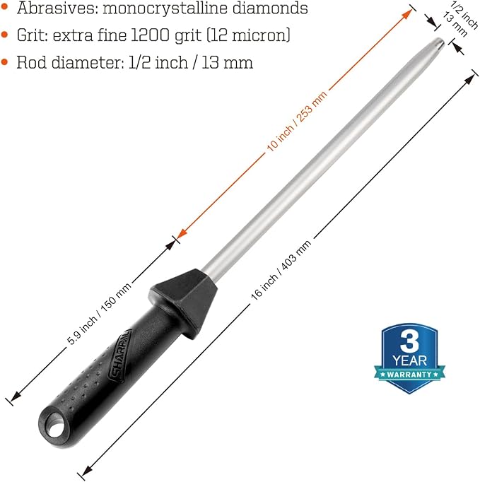 SHARPAL 119N Diamond Sharpening Steel Professional Knife Sharpener | Solid Honing Rod Built-In Angle Guides, Sharpens & Realigns Edges, Polishes Edges, For Chef & Kitchen Knives