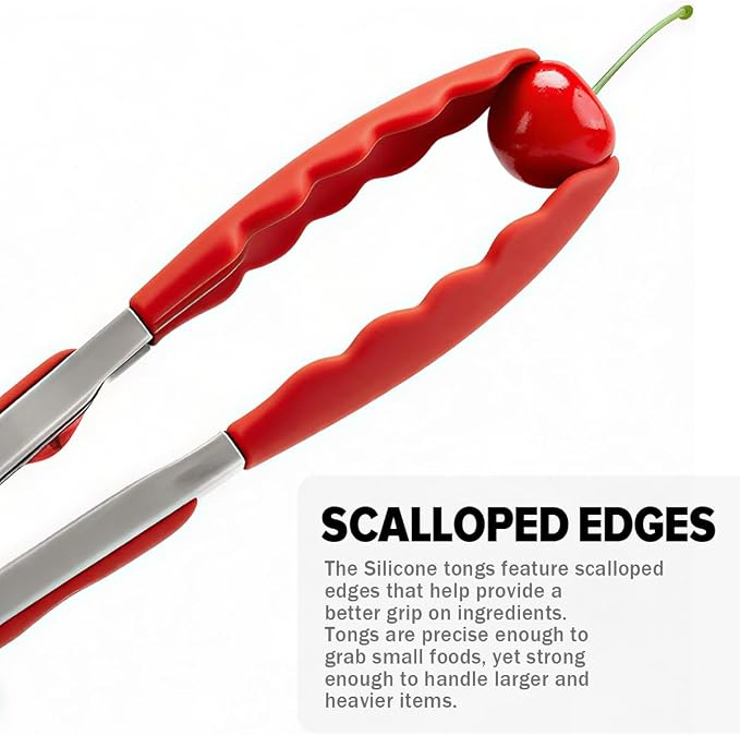 Kitchen Tongs for Cooking, Non Scratch Silicone Tip for Nonstick Cooking Pans, Food Grade Mini Serving Tongs, Pull Lock, Set of 3 (Red, 9 inch)