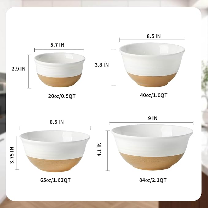 HASENSE Ceramic Serving Bowls Set of 4, 2.1/1.5/1.0/0.5 Qt White & Terracotta Stoneware Mixing Bowls, Farmhouse Bowls for Cooking, Prepping, Salad & Soup, Dishwasher & Microwave Safe, Serving Dishes