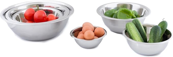 (Set of 6) Mixing Bowls Standard Weight Stainless Steel, Mirror Finish, 3/4, 11/2, 3, 4, 5, and 8 Qt