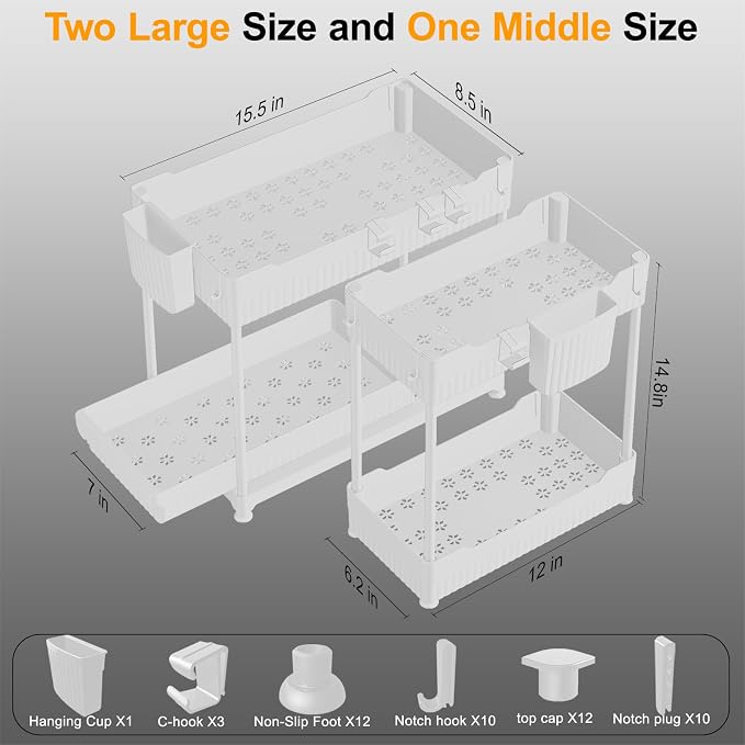 3 Pack Under Sink Organizers, 2-Tier Multi-Use Kitchen and Bathroom Organizers and Storage with Sliding Drawers, Bathroom Cabinet Organizer (White, 14.8 Inch) | Multi-use kitchen & bathroom storage, 14.8 inch white cabinet organizer, space-saving slidi...
