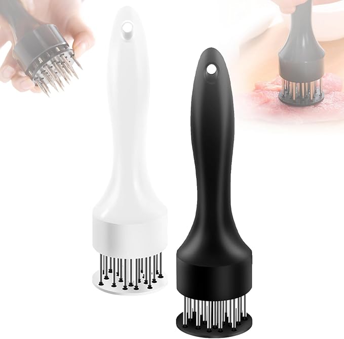 Stainless Steel Meat Tenderizer, Meat Tenderizer Tool Meat Tenderizer with 21 Stainless Steel Ultra Sharp Needle Blades Kitchen Gadgets for Chicken Steak Beef Meat Tenderizer (White+Black, 2Pcs)