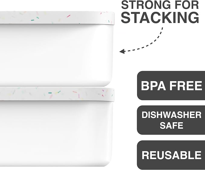 BALCI Ice Cream Containers - 2 Quart Ea. (Set of 2) - Premium Reusable Freezer Storage for Homemade Ice Cream Tub for Sorbet, Frozen Yogurt - Flexible Silicone Lids, Long Scoop - White With Sprinkles