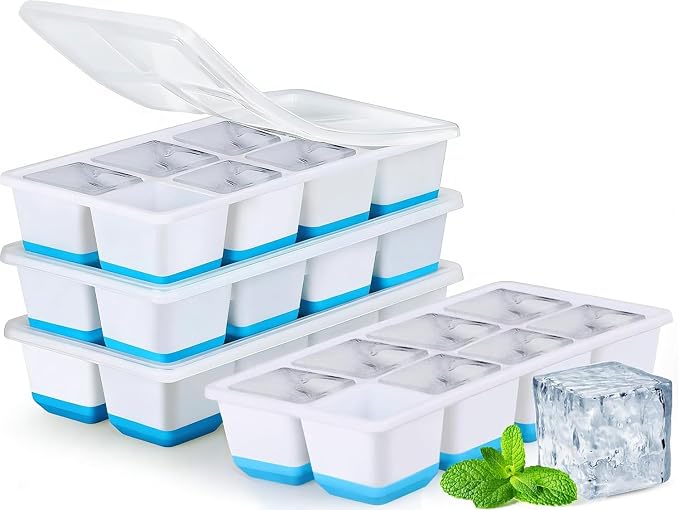 Large Ice Cube Trays with Lid, Jrisbo 2 Pack Stackable Silicone Ice Cube Molds for Freezer, Easy Release 16 Big Square Ice Trays for Whisky Cocktails (4 Blue)