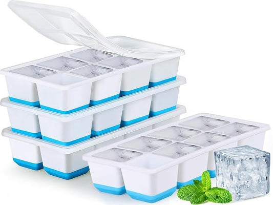 Large Ice Cube Trays with Lid, Jrisbo 2 Pack Stackable Silicone Ice Cube Molds for Freezer, Easy Release 16 Big Square Ice Trays for Whisky Cocktails (4 Blue)