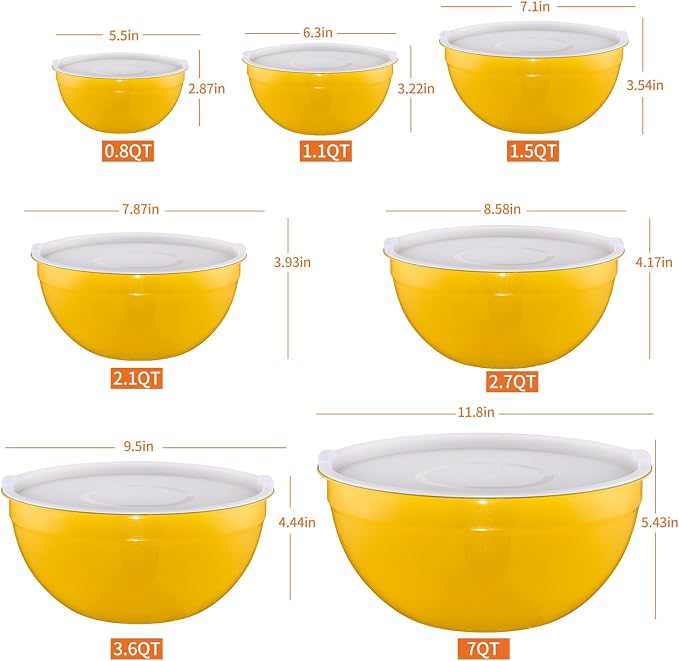 Yellow Mixing Bowls with Lids Set of 7, Stainless Steel Nesting Bowl with Khaki Lid for Non-slip Mixing Prepping Storing Serving, 7 Sizes-7/3.6/2.7/2.1/1.5/1/0.8 QT