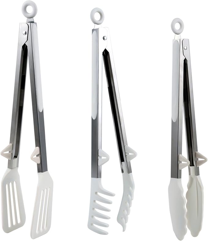 Kitchen Tongs,Set Of 3 Tongs with Silicone Tip for Cooking 9/12 Inch Stainless Steel Kitchen Tong for Meat,Food Grill,Salad,BBQ,Frying,Serving,Dishwasher (White, 9 Inch)