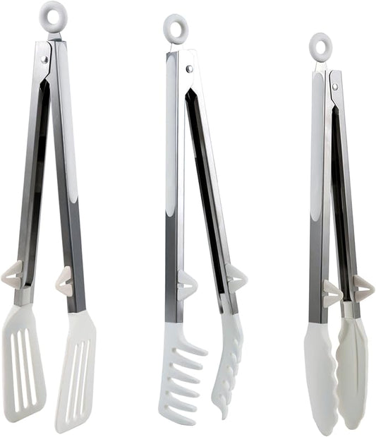 Kitchen Tongs,Set Of 3 Tongs with Silicone Tip for Cooking 9/12 Inch Stainless Steel Kitchen Tong for Meat,Food Grill,Salad,BBQ,Frying,Serving,Dishwasher (White, 9 Inch)