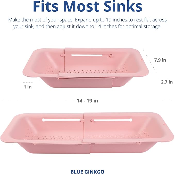 BLUE GINKGO Over the Sink Colander Strainer Basket - Wash Vegetables and Fruits, Drain Cooked Pasta and Dry Dishes - Extendable - New Home Kitchen Essentials (Pink, 2 Pack)