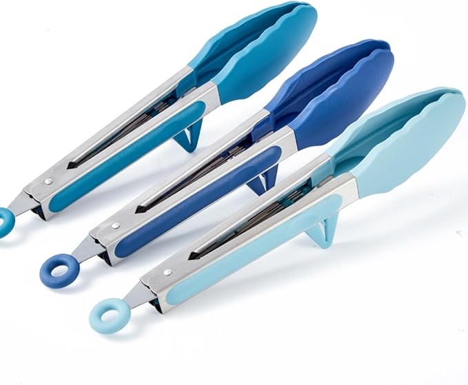 9" Kitchen Tongs, 3Pcs Tongs for Cooking with Silicone Tips, Food Grade Small Silicone Tong, Mini Serving Tong for BBQ Salad(Gradient Blue)