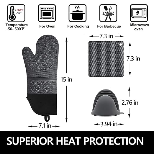 Silicone Oven Mitts and Pot Holders Sets, MTZRFLL Extra Long Heat Resistant Oven Gloves with Hot Pads and Mini Oven Mits Set for Kitchen Cooking Baking, Soft Quilted Lining, Pack of 6 (Gray)