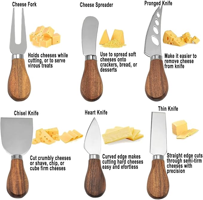 Set of 6 Cheese Knife Set, Cheese Knives Cheese Knife Set Wooden Handle Stainless Steel Cheese Slicer Fork Spreader Cheese Tool for Cheese Butter Pizza Cake