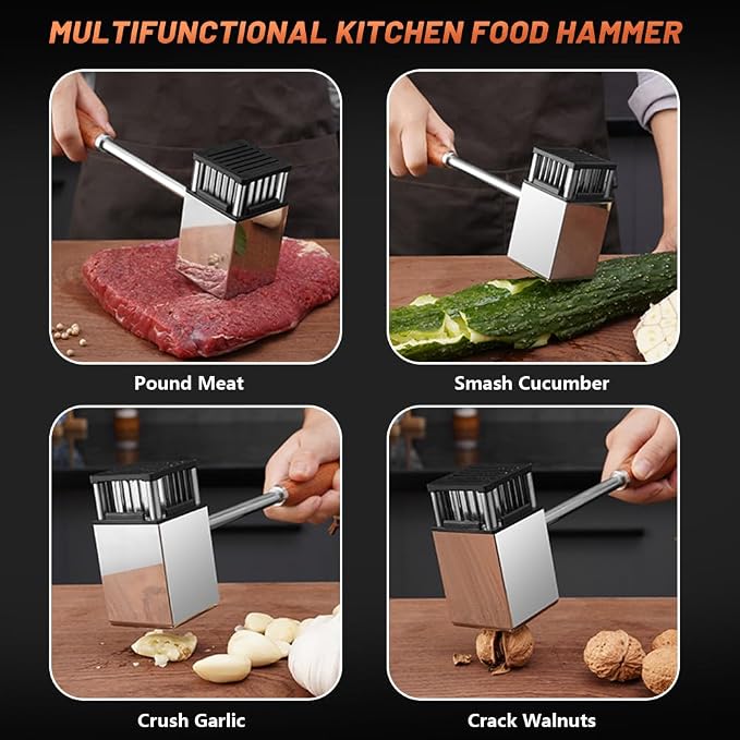 2 in 1 Meat Tenderizer Hammer, Heavy Duty Weighted Stainless Steel Needle Mallet with Non-Slip Natural Rosewood Handle, Easy to Clean Kitchen Tool for Steak Beef Pork Poultry, Ideal Cooking Gift