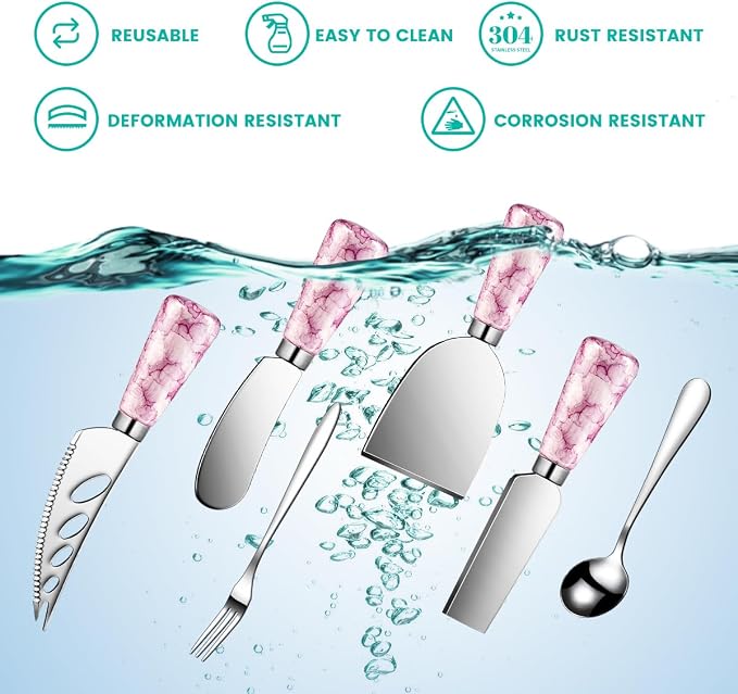 Marble Pink Cheese Knife Set, Ceramic Handle Charcuterie Board Accessories - Butter Spreader, Cheese Slicer, Serving Tongs, Spoons, Forks, Flags, Wooden Honey Dipper
