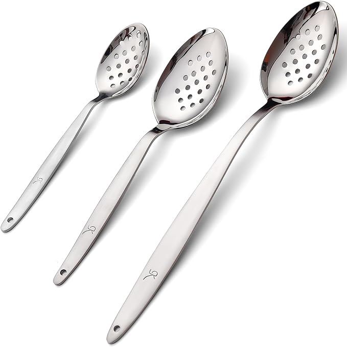 3-PCS Kunz Spoon | 9 Inch 18/10 Stainless Steel Serving Spoons Set Include Serving Spoon, Slotted and Perforated Spoons (Large Medium and Small, Kunz Perforated Spoon Set (3 Piece))