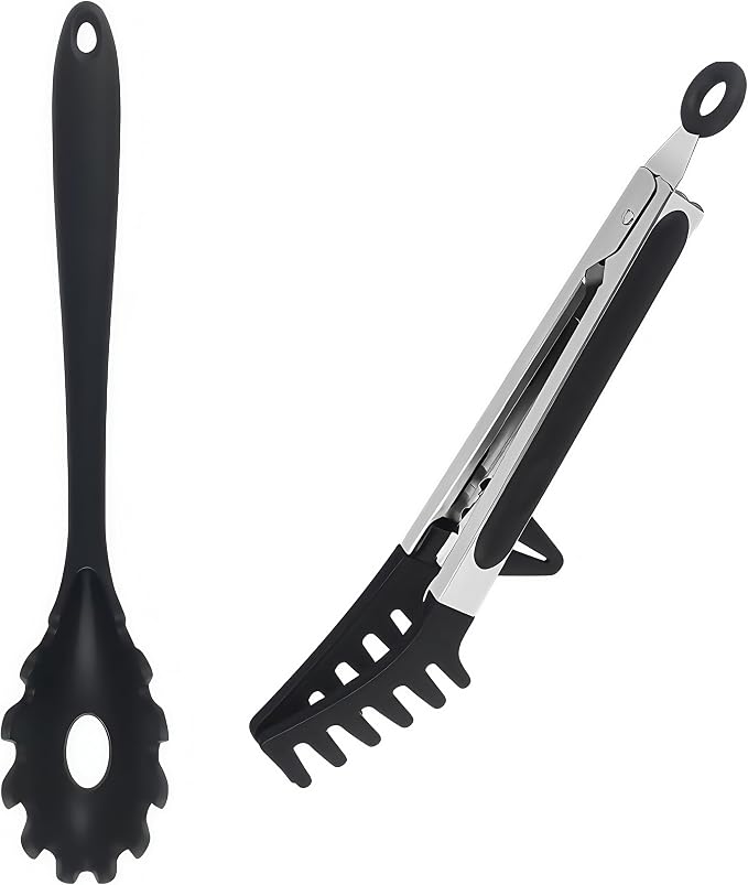 Silicone Pasta Tongs and Spaghetti Spoon Set with Non-Slip Silicone Teeth, 12-Inch Spoon and 9.8-Inch Tongs, Heat Resistant Kitchen Utensils with Storage Holes, Dishwasher Safe (black)