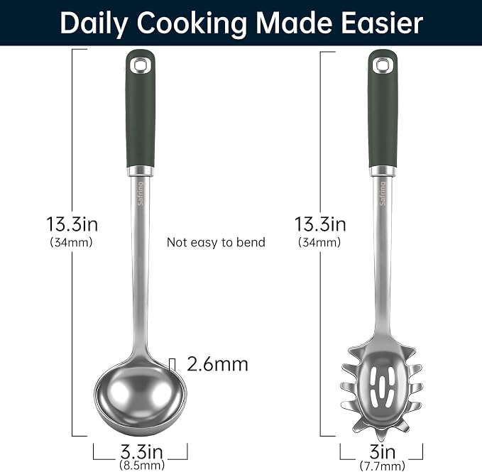 Safring Stainless Steel Soup Ladle and Spaghetti Spoon Set, Heat Resistant Rubber Handle, Dishwasher Safe, Kitchen Utensils for Cooking, Stirring, Serving Pasta, Soup & Sauce (Hunter Green)
