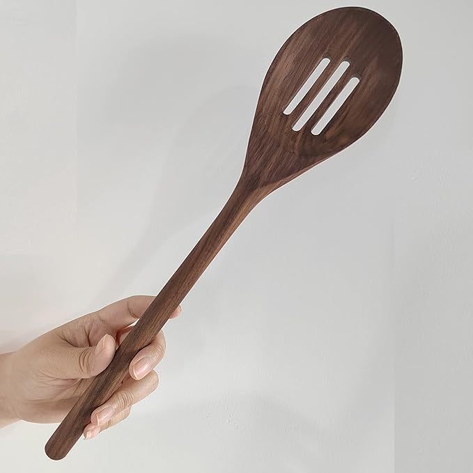 14" Walnut Wood Slotted Spoon,Rustic, Natural Authentic Walnut Wood Classic Style for Kitchens, Tables, More Functional for Stirring Sauces, Black walnut Wooden Utensils for Cooking