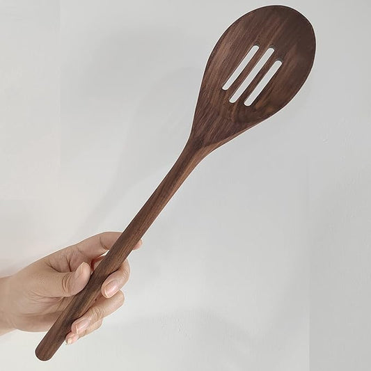 14" Walnut Wood Slotted Spoon,Rustic, Natural Authentic Walnut Wood Classic Style for Kitchens, Tables, More Functional for Stirring Sauces, Black walnut Wooden Utensils for Cooking