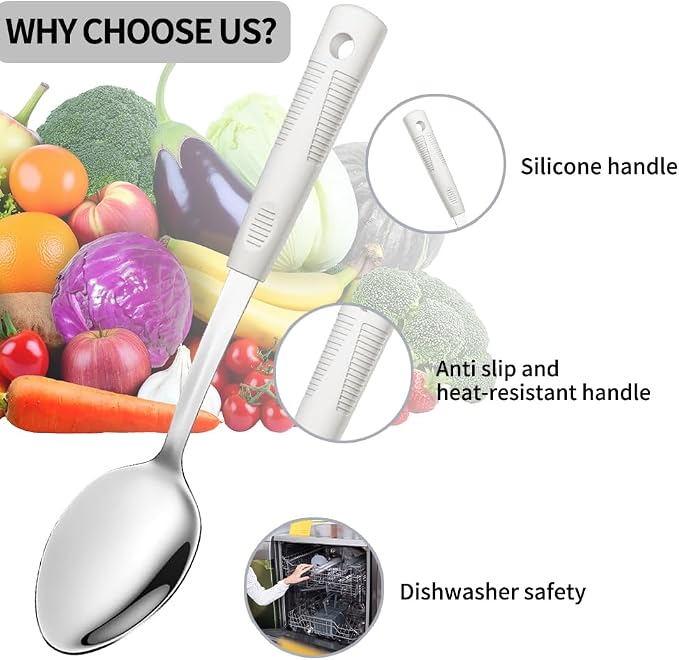 Serving Spoon Set with Silicone Handles,2-Piece spoon | Stainless Steel Serving Spoon, Slotted Spoon & Soup Ladle Set for Buffet and Home Kitchen