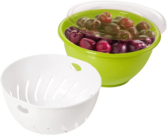 Arrow Berry Bowl & Berry Colander Set - Fruit Strainer Container with Lid - Rinse, Store & Serve - Dishwasher Safe, BPA Free - 1 Quart, Assorted Colors (Red or Green) - Made in USA