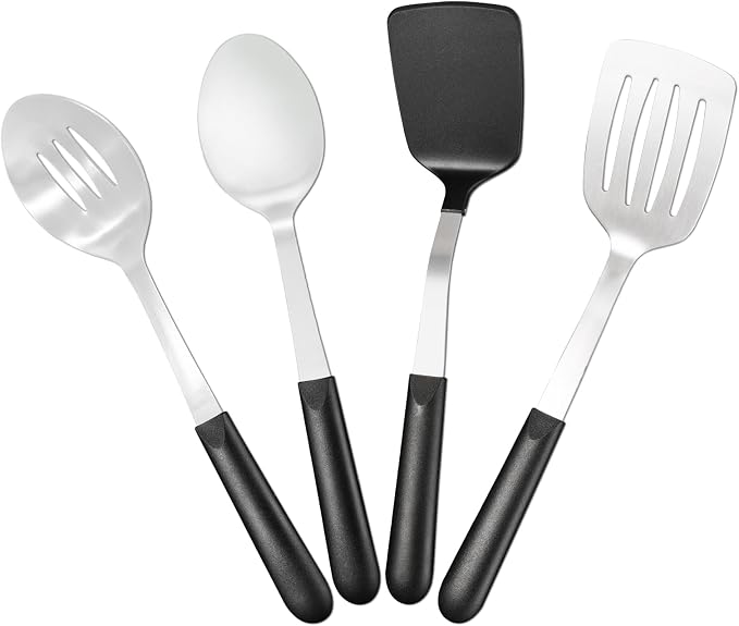 4 Pcs Cooking Utensils Set, Stainless Steel Kitchen Utensils, Heat Resistant Metal Kitchen Tools Include Solid, Slotted Turner, Serving Spoon, Non-Stick Wok Spatula, Dishwasher Safe, Silver
