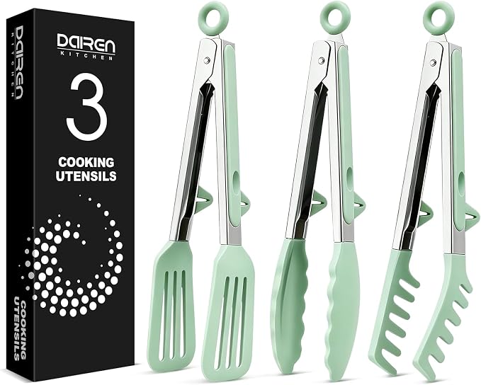 Kitchen Tongs for Cooking, Non Scratch Silicone Tip for Nonstick Cooking Pans, Food Grade Mini Serving Tongs, Pull Lock, Set of 3 (Green, 9 inch)