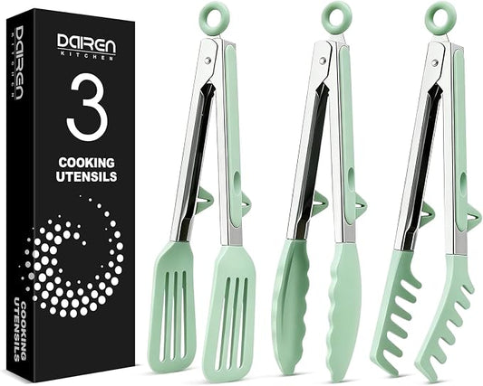 Kitchen Tongs for Cooking, Non Scratch Silicone Tip for Nonstick Cooking Pans, Food Grade Mini Serving Tongs, Pull Lock, Set of 3 (Green, 9 inch)