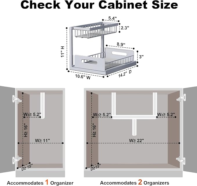 Under Sink Organizer, Pull Out Cabinet Organizer 2 Tier | Slide Out Sink Shelf Cabinet Storage Shelves, Under Sink Storage for Kitchen Bathroom Cabinet, Grey, 1 Pack