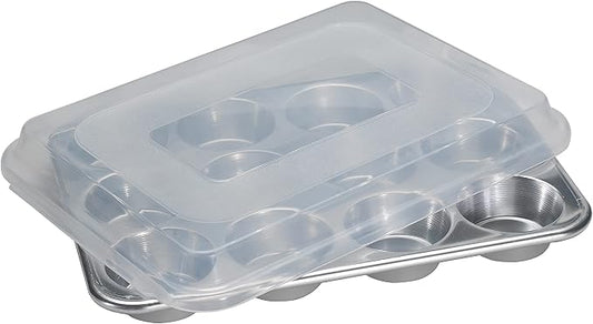 Nordic Ware Natural Aluminum Commercial Muffin Pan with Lid, 12 Cup
