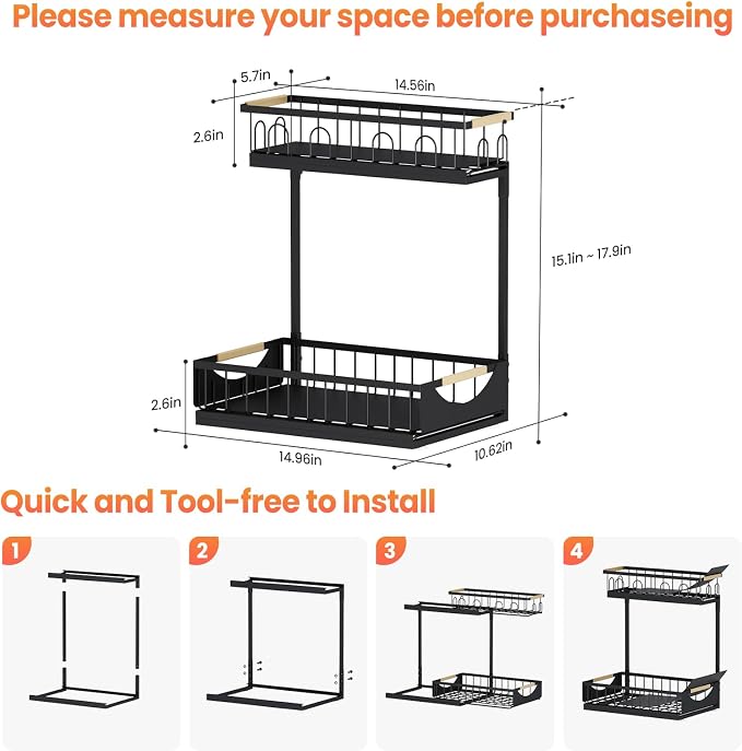 Under Sink Organizer and Storage for Bathroom and Kitchen - 2 Pack 2 Tier | Cabinet Pull Out Shelf Organizers - Slide Out Drawer Organization for Home Cabinets Shelves and Drawers