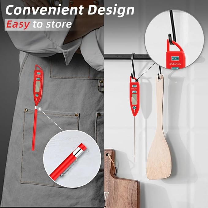 BOMATA Waterproof IPX7 Thermometer for Water, Liquid, Candle and Cooking. Instant Read Food Thermometer with Long Probe for Cooking, Meat, BBQ! T101 (Red Color)………