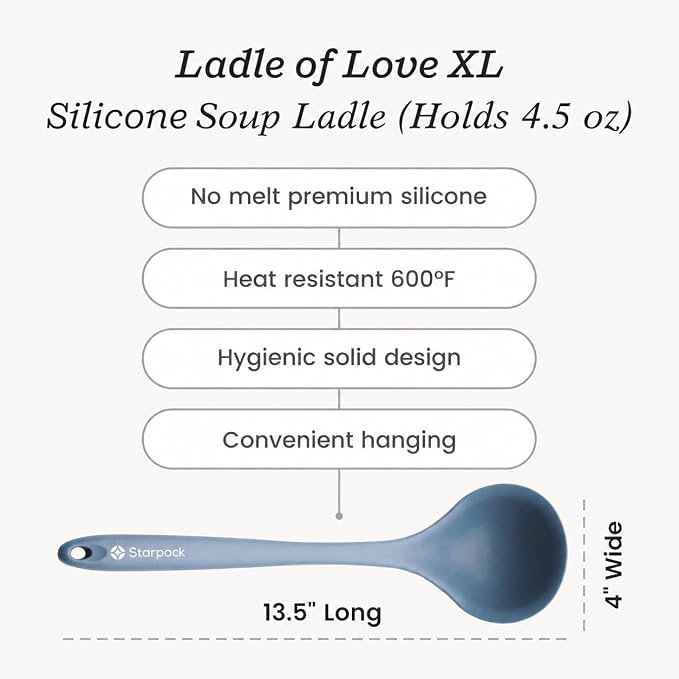 Starpack 'Ladle of Love' XL Premium Silicone Ladle Spoon - Up-to 600°F High Heat Resistant Soup Ladles - Kitchen Ladles for Serving, Non Stick Silicone Spoons, LFGB Grade Cooking Spoon - Blue